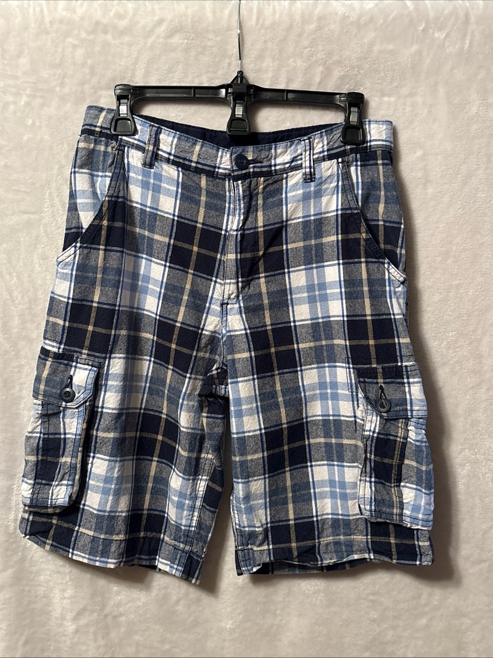 Faded Glory Navy, Light Blue and White Plaid Cargo Shorts